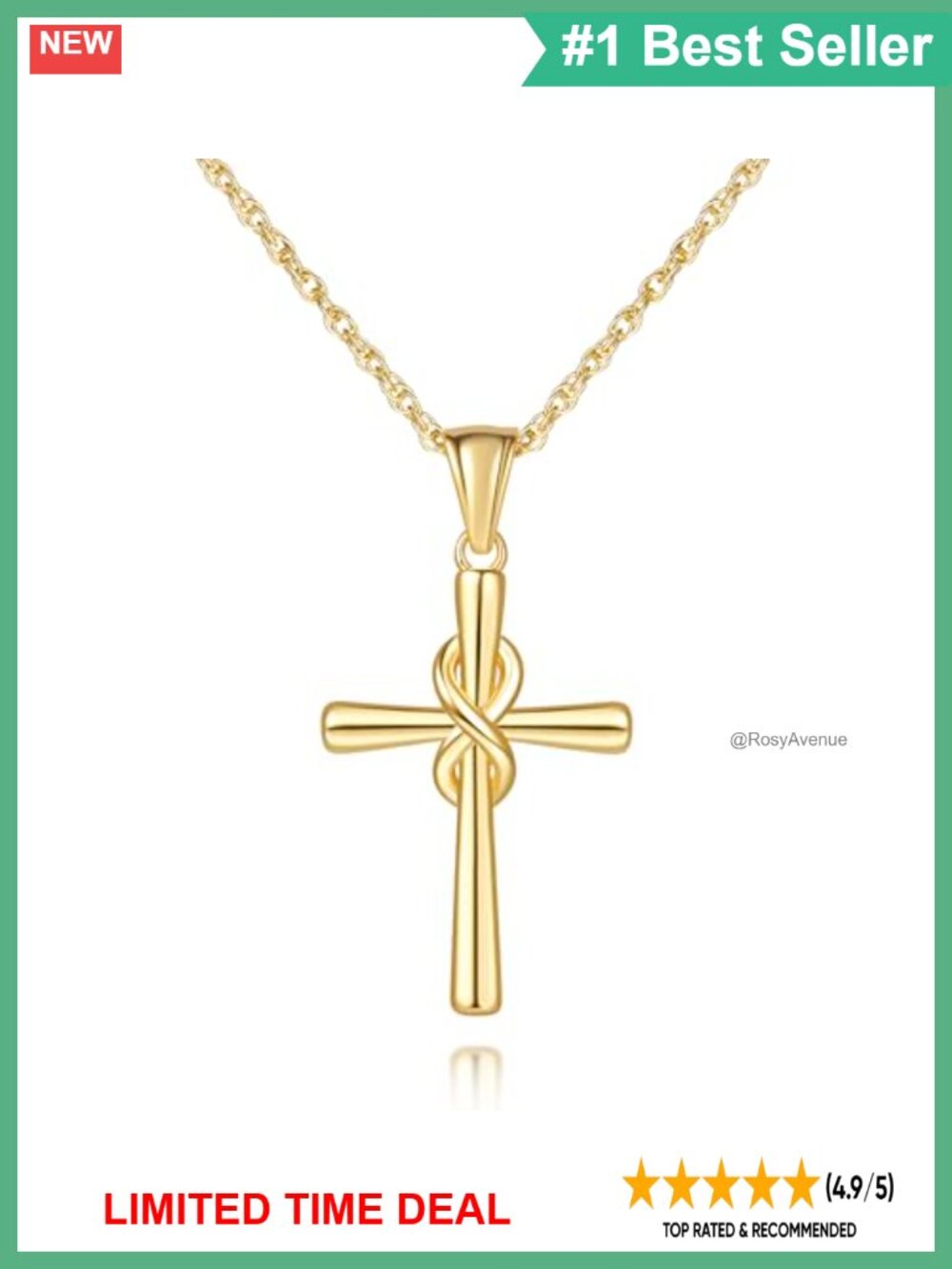 14K Gold Plated Cross Necklace Women 26mm Infinity Pendant Cable Chain